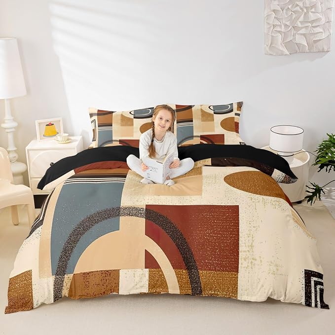 Modern Geometric Duvet Cover Set Full Size,Abstract Retro Striped Circle Bedding Set,Boys Girls Room Decor,Minimalist Aesthetic Squares Comforter Cover,Brown Quilt Cover,2 Pillowcases(No Filler)