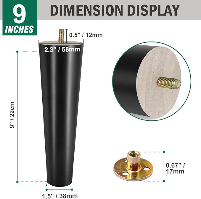 FoDau770 Black Rubber Wood Furniture Legs 9 Inches, Straight Tapered Wood Feet Mid Century Sofa Legs Set of 4, 5/16" UNC Furniture Feet for Cabinet Couch Dresser Chair Ottoman Table