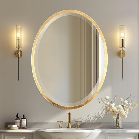 OVALCREST - Oval Wooden Beveled Wall Mirror for Home Decor, Bathroom, Vanity, Bedroom, Living Room, Hallway - London Style (Gold Leaf) 29.1 x 23.1