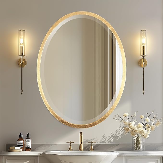 OVALCREST - Oval Wooden Beveled Wall Mirror for Home Decor, Bathroom, Vanity, Bedroom, Living Room, Hallway - London Style (Gold Leaf) 17.1 x 13.1