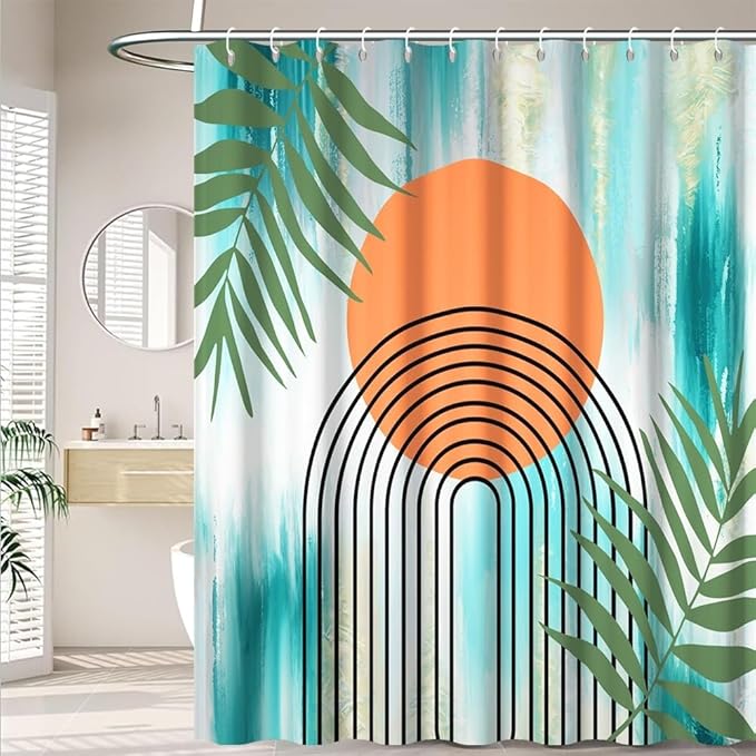 Modern Boho Teal Shower Curtain for Bathroom Abstract Minimalist Bathroom Decor Set Green Leaves Arch Orange Sun Bathtub Curtains Machine Washable Waterproof Polyester Fabric with Hooks 72x84 Inch