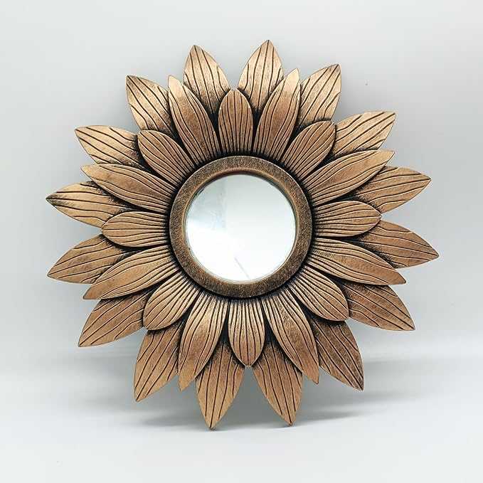 Retro Gold Mirrors for Wall Pack of 1. Round Mirrors.Sunflower Shape. Decorative Mirrors.Wall Mirrors for Decor Home Decor.Plastic Frames.Glass Mirrors.Make Old Gold Color.