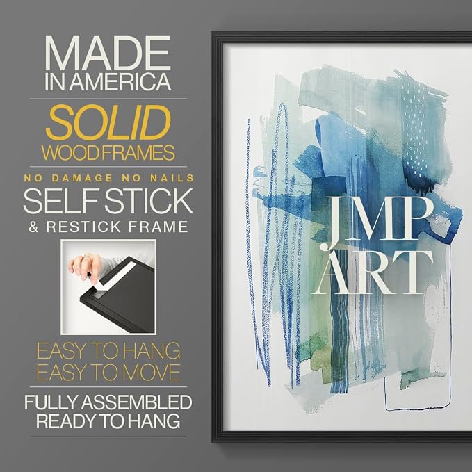 Renditions Gallery Set of 2 Peel & Stick Framed Prints, Modern Abstract Wall Art, Blue and Neutral Bold Brushstrokes Wall Decor, Re-Stickable - Ready to Hang - 16"x20" - Black Frame LT588