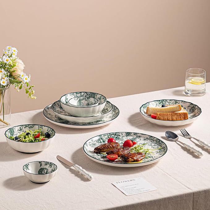 36-Piece Ceramic Dinnerware Set, Service for 6, Vintage Green Rose Floral Plates and Bowls Sets, Microwave & Dishwasher Safe, Porcelain Dinnerware Set for Kitchen & Dining