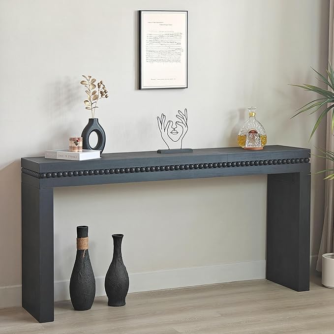 Wood Console Table, 64" Retro Long Sofa Table Behind Couch with Real Wood Beads Decor, Wooden Narrow Sofa Table Hall Table for Living Room Foyer Entrance Entryway, Black