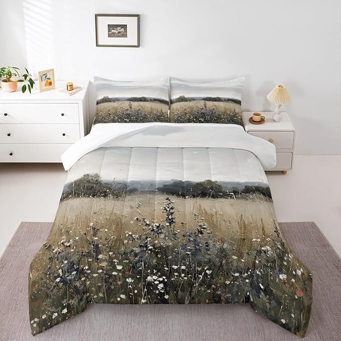 Erosebridal Vintage Farmhouse Comforter Rustic Wildflower Field Toddler Bedding Set Classical Flowers Landscape Bedding for Kids Adults Nature Countryside Scenery Duvet Insert 2Pcs Room Decor
