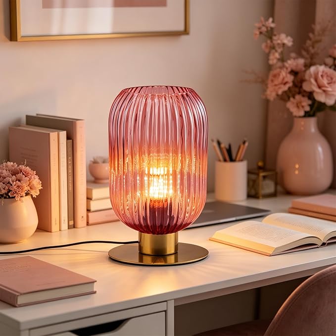 Girls Room Table Lamp Pink Glass Mid Century Modern Desk Lamp E26 Base 1-Light Gold Bedside Decorative Nightstand Lamp for Bedroom Office (Bulb not Included)