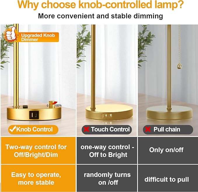 Lynnoland Set of 2 Industrial Table Lamps with USB Port, Gold Fully Stepless Dimmable Bedside Lamps for bedrooms, Nightstand Desk Lamp with Clear Glass Shade for Reading Living Room Office 2 LED Bulb