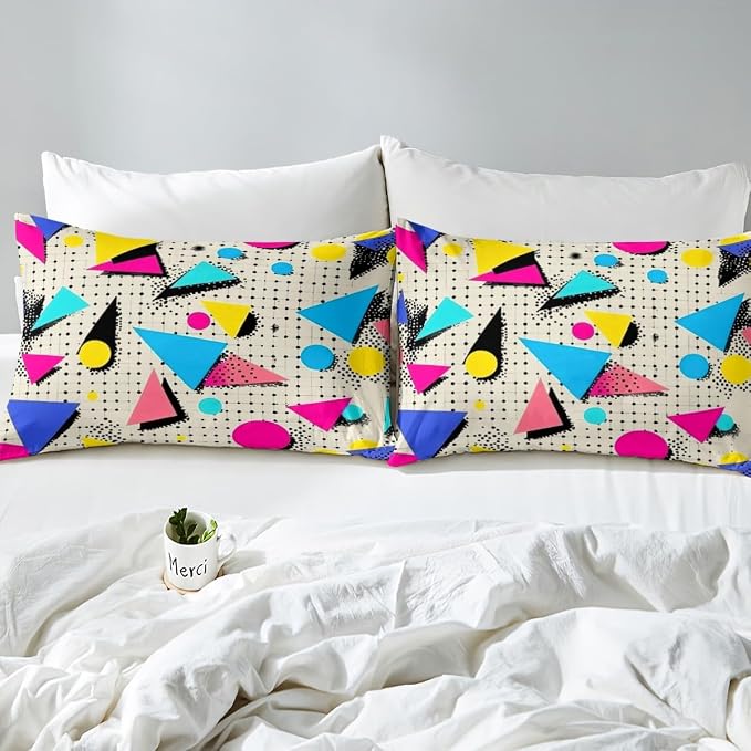 Memphis Geometric Pattern Comforter Cover Set King Size,Retro Style Round Half Moon Triangle Shapes Artwork Duvet Cover Colorful Graphic 80s 90S Style Bedding Set Abstract 1990S Memphis Home Decor