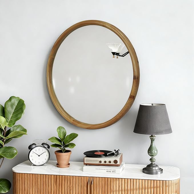 Bathroom Wall Cabinet with Doors and Round Wood Framed Mirror, 21.65" W x 7.48" D x 32.48" H, Grey Cabinet with Natural Wood Mirror Frame