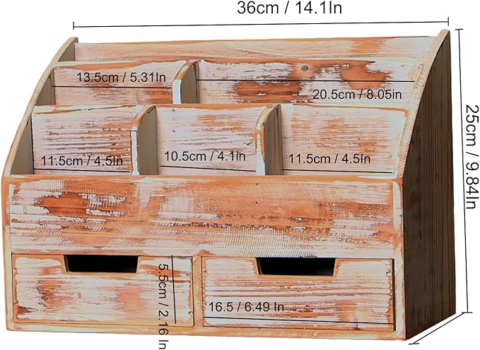 Vintage Rustic Wooden 2 Drawer with Shelf Office Desk Organizer & Mail Rack For Desktop,Box for Office Home Toiletries Supplies Vanity, No Assembly Required (J03) (Rustic White)