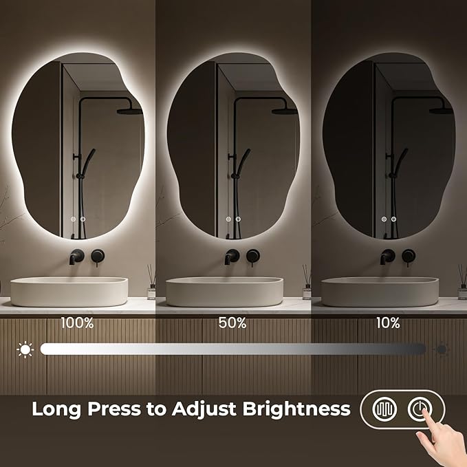 LED Bathroom Mirror with Lights, Asymmetrical Irregular Backlit Vanity Mirror, 35" H x 25" W, Anti-Fog, Dimmable 3 Color Temperature, Memory Function, Hardwired Wall Mounted, Horizontal or Vertical