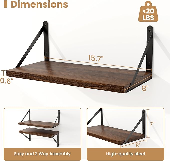 Heimlove Floating Shelves for Wall Set of 3,Light Wood Wall Mounted Bookshelf Decorative Shelf for Living Room Bathroom Bedroom Kitchen Laundry Pictures Plants Books Cats TV,Walnut Color