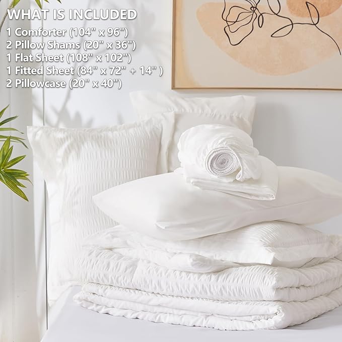 CozyLux California King Comforter Set with Sheets 7 Pieces White Seersucker Bed in a Bag, Cal King Luxury All Season Bedding Set with Down Alternative Comforter, Sheets, Pillowcases & Shams, Home Gift