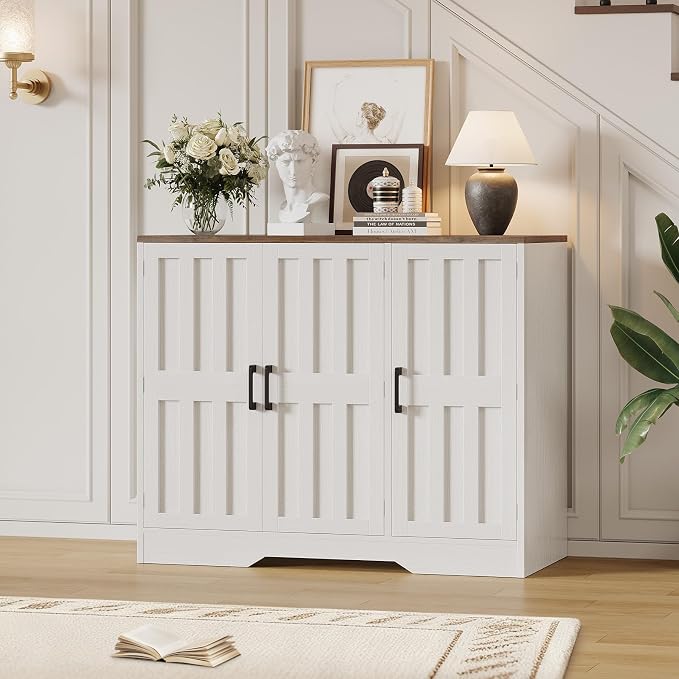Modern Farmhouse Buffet Cabinet with Storage, 42" Large Sideboard Storage Cabinet with 3 Barn Doors, Coffee Liquor Bar Cabinet Wood Table Credenza with Adjustable Shelf for Kitchen Dining Living Room