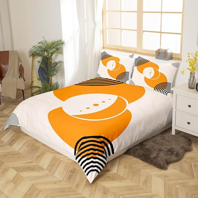 Erosebridal Orange Minimalist Comforter Cover Mid Century Bed Set, Geometric Circle Duvet Cover Full Size Black Creamy White Aesthetic Bedding Sets, Modern Bedspread Cover Microfiber 3 Pieces