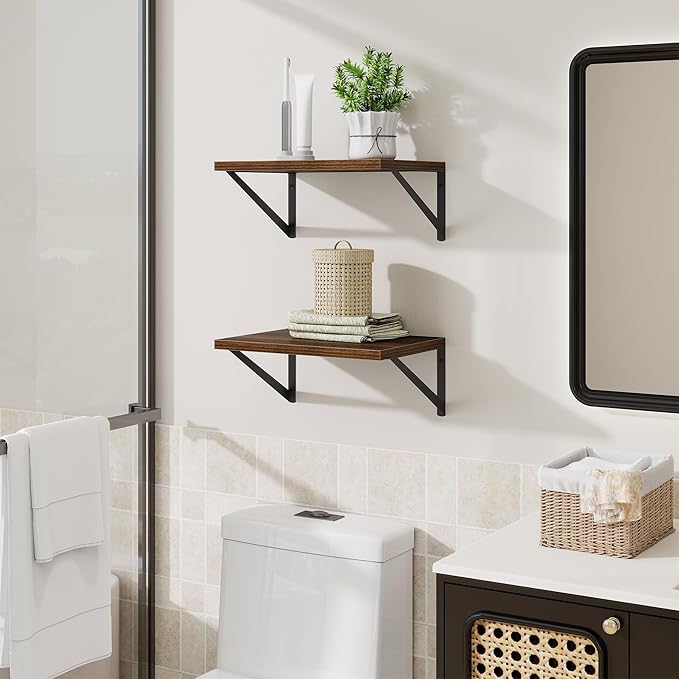 Deep Floating Shelves,16" Wx10 D Floating Shelves for Wall Set of 2,Heavy Duty Wood Floating Shelf with Metal Bracket,Wall Mounted Hanging Shelf for Living Room Bedroom Bathroom Kitchen,Walnut