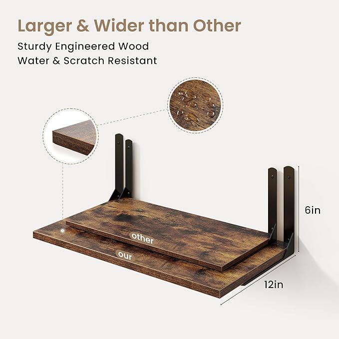 Fun Memories Rustic Brown 12 Inch Deep Floating Shelves Set of 2, Wall Mounted Shelf with Metal Brackets, Rustic Wood Wall Shelf for Bathroom, Kitchen and Living Room, Rustic Brown, 36W x 12D