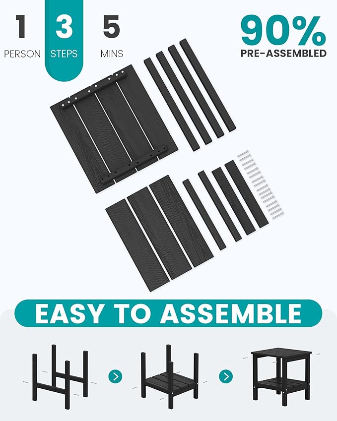 SERWALL 2-Tier HDPE Outdoor Side Tables Set of 2, Weatherproof Rectangular Adirondack Side Table, Black