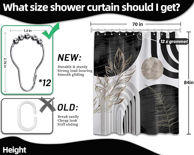 Mid Century Modern Black and White Shower Curtain Cool Charcoal Grey Silver Shower Curtains for Mens Bathroom Decor Sets, Abstract Boho Pattern, Waterproof Cloth Fabric with Hooks 70x84 in