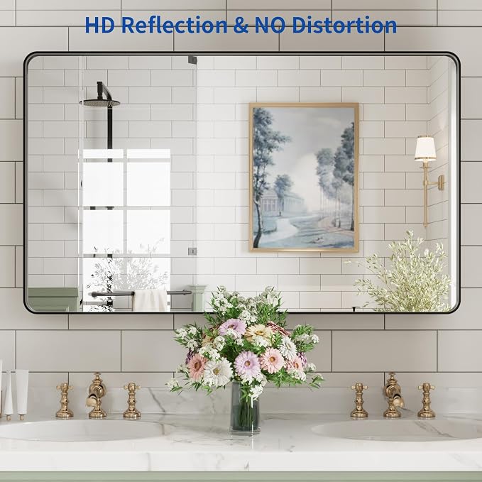 WEER Black Bathroom Mirror for Wall, 40X24 Inch Matte Black Mirror, Rectangular Black Metal Framed Vanity Mirror with Tempered Glass, Rounded Corner, Anti-Rust (Horizontal/Vertical)