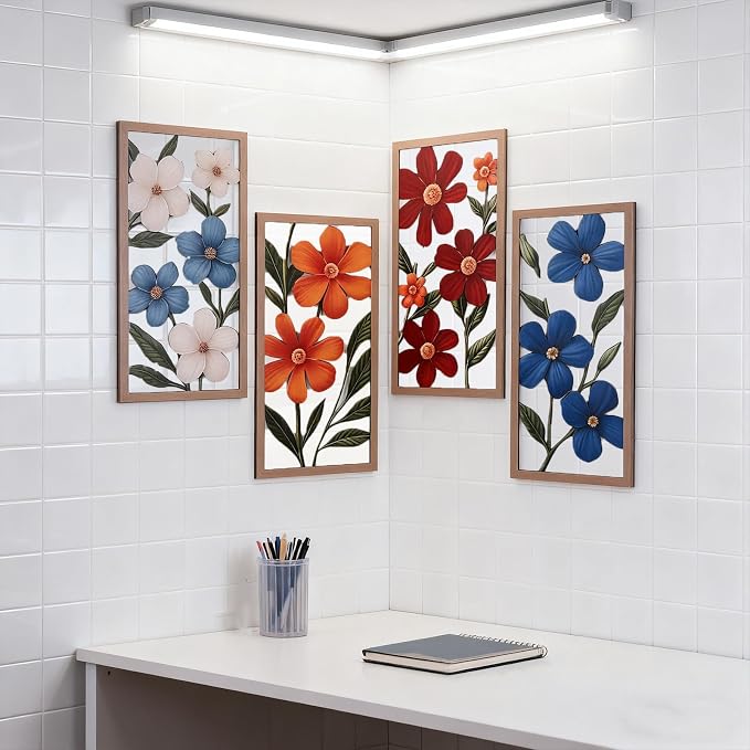 SHENGTIAN 4 Piece Boho Flower Wall Art - Geometric Wood Wall Art, Aesthetic Room Decor, Flower Market Art, Narrow Vertical Abstract Floral Art, Over Bed Wall Decor for Living Room Bedroom Office
