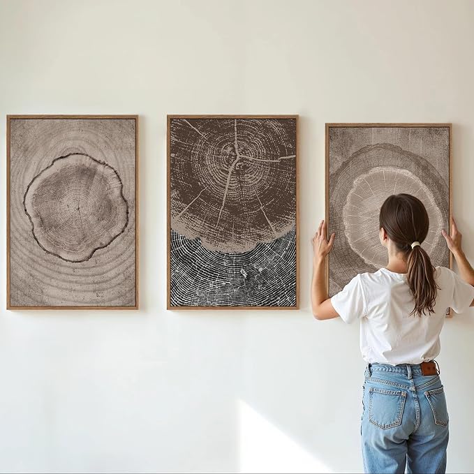 SIGNINART Beige Tree Ring Framed Canvas Wall Art Set, Abstract Black and White Rustic Wood Wall Decor, Neutral Wood Stump Artwork, Modern Art Prints for Bedroom Living Room Office 16"x24"x3