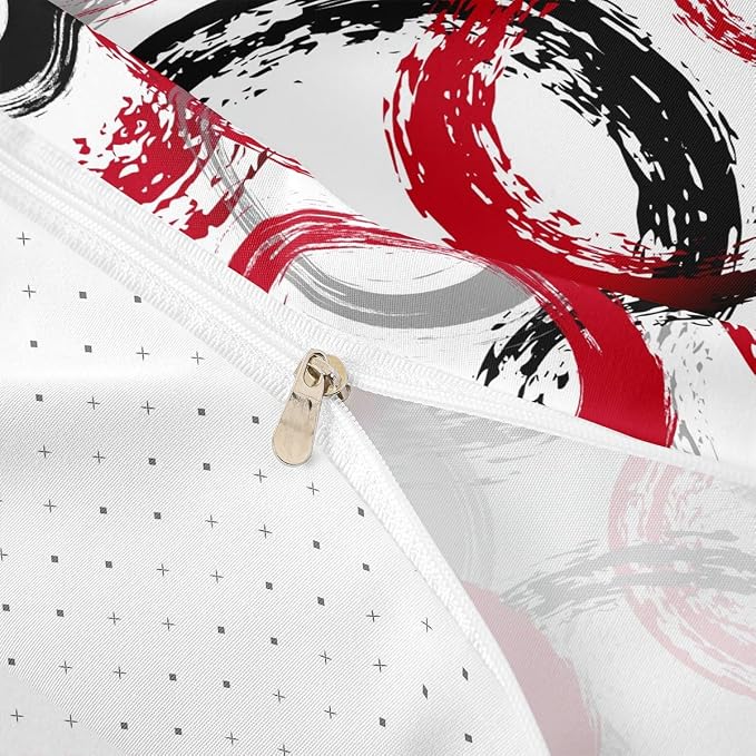 Geometric Circle Duvet Cover Set Queen Size,Graffiti Retro Striped Swirls Bedding Set,Boys Girls Room Decor,Abstract Aesthetic Stripes Comforter Cover,Red White Quilt Cover,2 Pillowcases(No Filler)