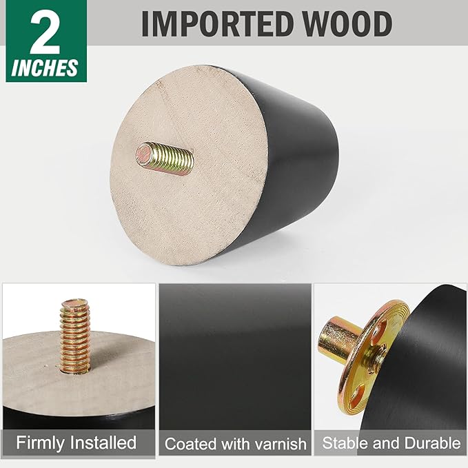 FoDau770 Black Rubber Wood Furniture Legs 2 Inches, Slant Tapered Wood Feet Mid Century Sofa Legs Set of 8, 5/16" UNC Furniture Feet Replacement Parts for Cabinet Couch Dresser Chair Ottoman Table