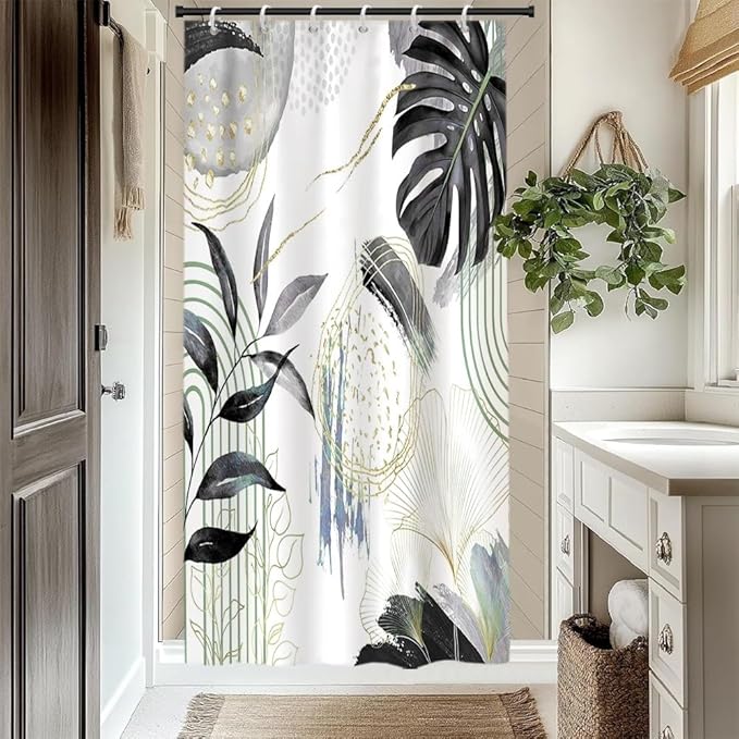 Mid Century Boho Shower Curtain Gray Tropical Palm Leaf Retro Abstract Minimalist Aesthetic Bathroom Decor Watercolor Plant Bathtub Curtains Washable Waterproof Polyester Fabric with Hooks 36x72 Inch