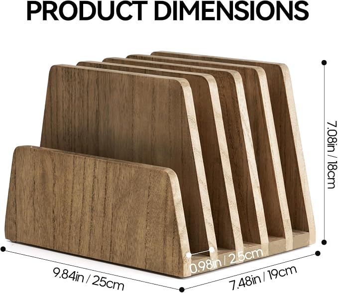 KIRIGEN Wooden Desk Mail Organizer, 5-Slot File Holder and Letter Sorter for Mail, Folders, Bills, Papers, Notebooks, Home Office, Classroom, Countertop, No Assembly, Brown 5KWJJ-DBR
