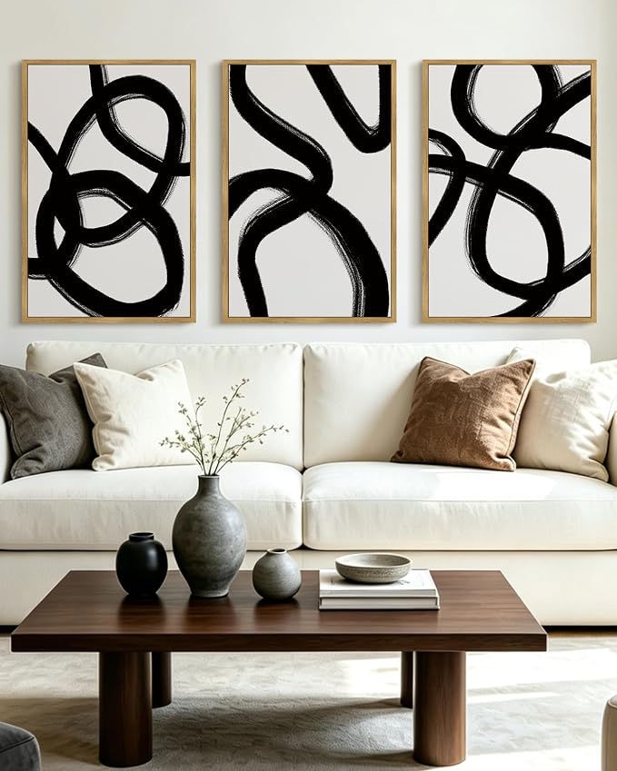 KUVIOKE Black and White Abstract Framed Wall Art Ink Wash Minimalist Lines Painting Artwork for Bedroom Hallway 24x36in (Natural Framed)