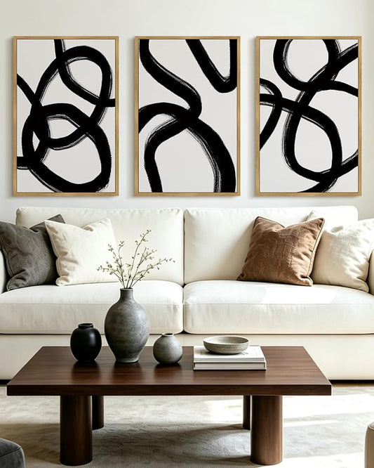 KUVIOKE Black and White Abstract Framed Wall Art Ink Wash Minimalist Lines Painting Artwork for Bedroom Hallway 24x36in (Natural Framed)