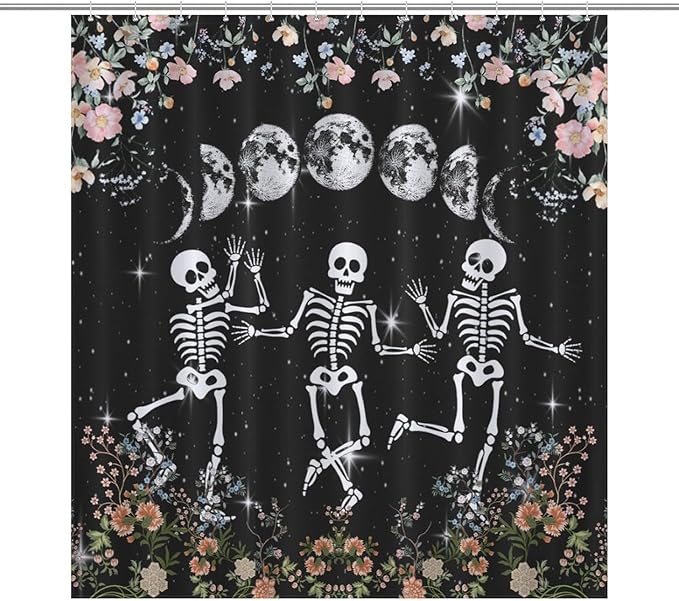 Skull Skeleton Flower Moon Shower Curtain Gothic Moon Phase Scary Horror Black Spooky Flower Holiday Waterproof Shower Curtains for Bathroom Decor 12 Pack Hooks 66x72in（168x183cm）