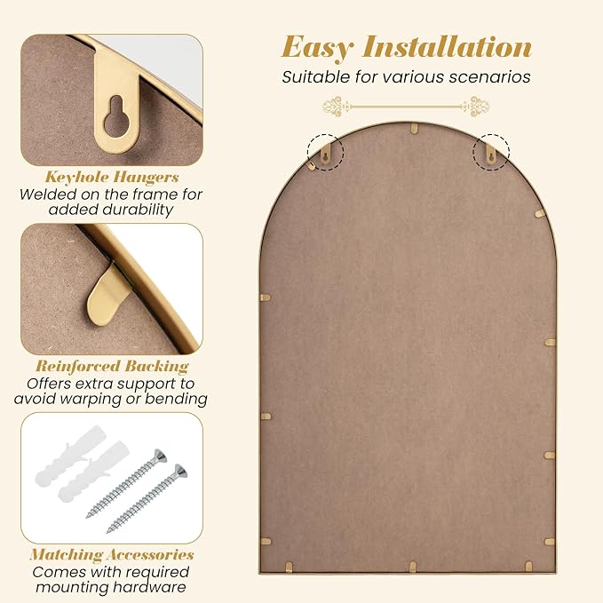 Tangkula 35" x 23" Gold Arched Wall Mirror, Decorative Mirror with Beaded Frame for Living Room, Entryway, Fireplace, Bedroom, Modern Vintage Wall Decoration (Arched)