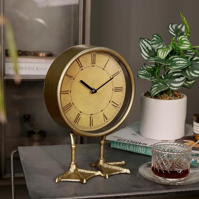 NIKKY HOME Vintage Gold Table Top Clock, Cute Duck Paw Silent Shelf Desk Clock Battery Operated Rustic Design, Home Decor for Living Room, Bedroom, Bedside