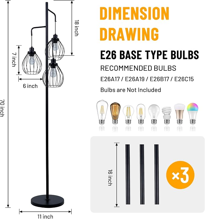 Industrial Floor Lamps for Living Room, 3 Lights Farmhouse Tree Floor Lamp, 70'' Tall Pole Standing Lamp with 3 Elegant Teardrop Cage Shades, Vintage Corner Reading Light for Bedroom Office