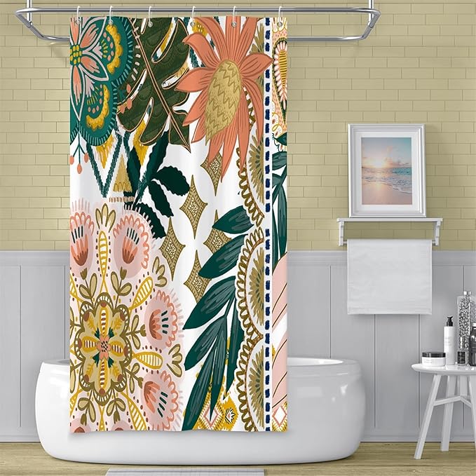 Bohemian Floral Bathroom Shower Curtain with Hooks - Colorful Boho Leaves Flowers - Polyester Waterproof Fabric Paisley - Unique Trendy Woman Shower Decor, 36x72 Inch