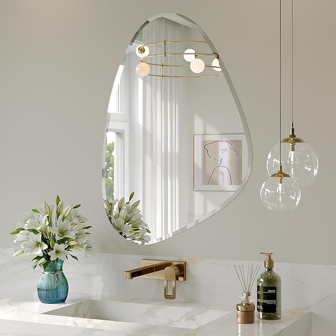 Frameless Asymmetrical Beveled Wall Mirror, 28"x40" Irregular Frameless Bathroom Oval Wall Mirrors, Abstract Wavy Mirror for Over Sink, Bedroom, Living Room, Hung Horizontally or Vertically