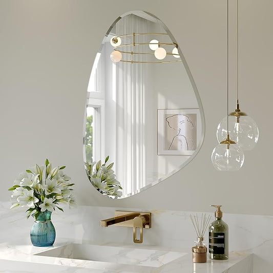 Frameless Asymmetrical Beveled Wall Mirror, 28"x40" Irregular Frameless Bathroom Oval Wall Mirrors, Abstract Wavy Mirror for Over Sink, Bedroom, Living Room, Hung Horizontally or Vertically