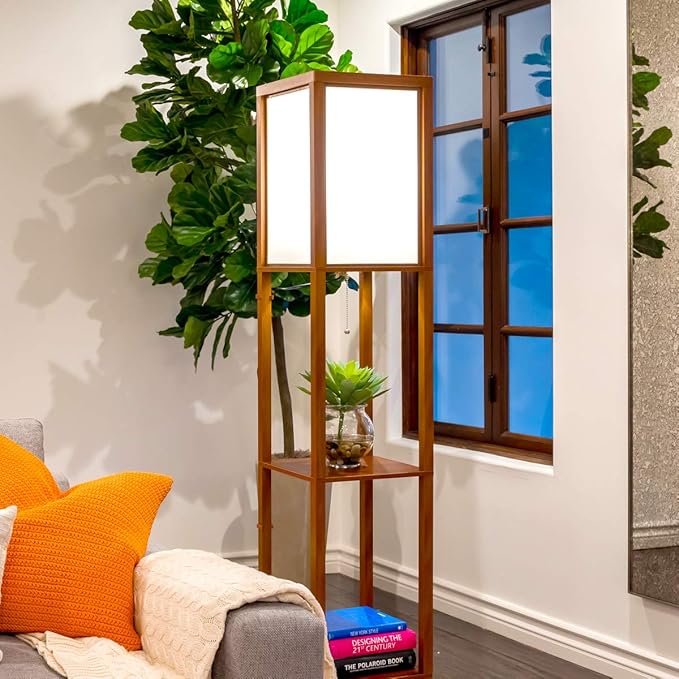 Brightech Maxwell - Modern Shelf Floor Lamp with Lamp Shade & Warm White LED Bulb, Corner Display Floor Lamp with Shelves for Living Room, Bedroom, Nightstand Office, Home Decor Storage - Walnut Brown