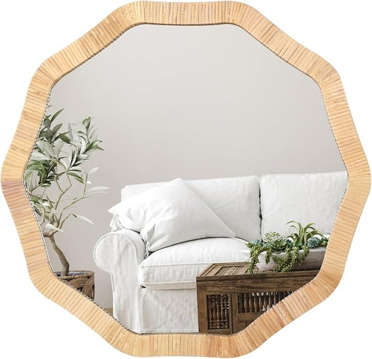 ULIKE Rattan Wicker Mirror for Bathroom, 24 Inch Boho Woven Decorative for Wall, Rustic Farmhouse Vanity Mirror, Geometric Rattan Mirrors for Living Room Entryway Bathroom Bedroom