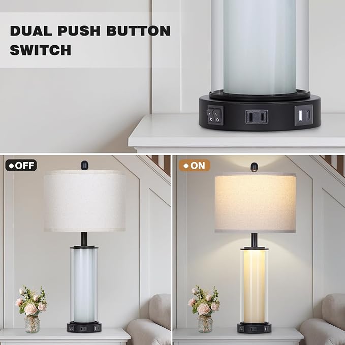 Black Glass Table Lamps Set of 2, 26" Living Room Lamp with Built-in Frosted Glass Night Light, Modern Bedroom Lamp with USB C+A Ports & AC Outlet, Bedside Lamps for Nightstand (4 Bulbs Included)
