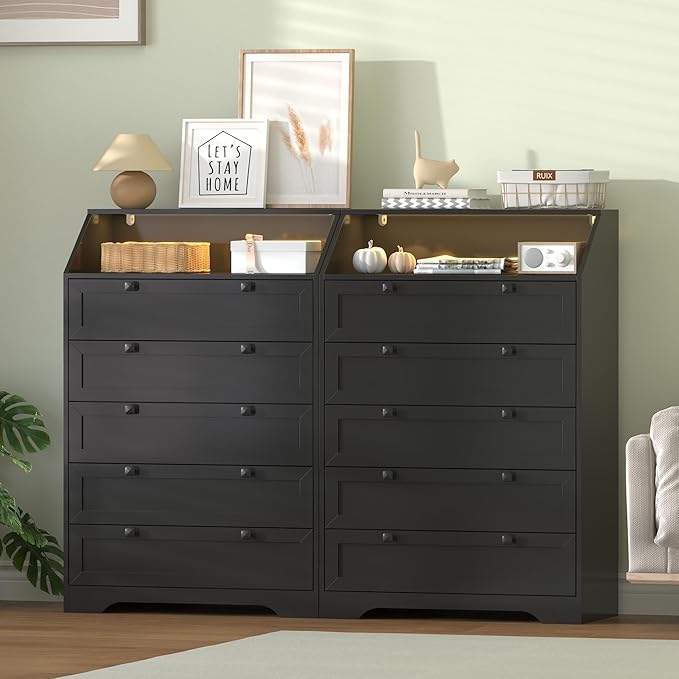 Black Dresser Tall 5 Drawer Dresser for Bedroom, Wood Chest of Drawers with LED Lights, Charging Station, Metal Handles, Modern Storage Cabinet and Organizer Drawers for Living Room, Hallway