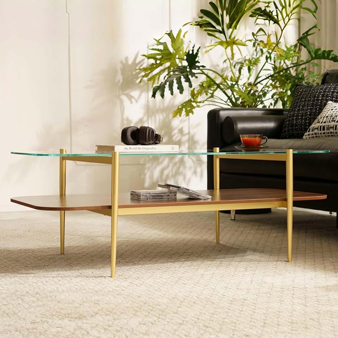Saint Mossi Tadio Double Layer Glass Coffee Table for Living Room, Clear Glass & Coffee Brown MDF Bottom Shelf with Round Corners, L41xW21xH17