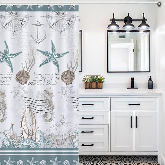 Green Nautical Shower Curtains,Summer Coral Starfish Seashell Ocean Beach Shower Curtains for Bathroom Waterproof Polyester Fabric Bathroom Curtain with Hooks,72x78Inch