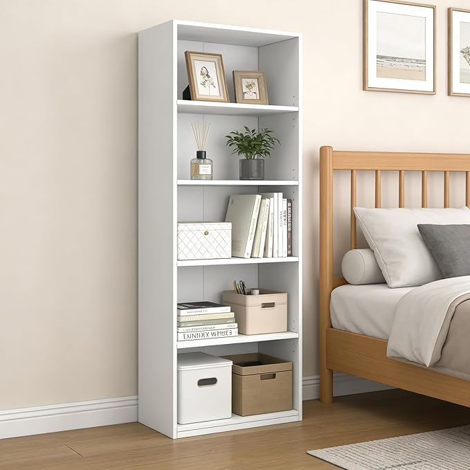 CTESNE【2026 Adjustable Shelves 5-Tier Bookcase, 71 inches, Wooden Open Display Floor Bookshelf (White)