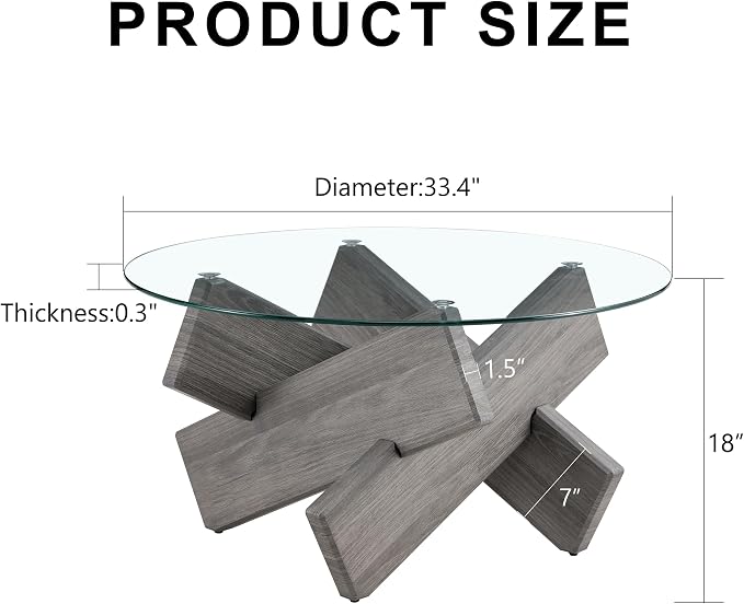 Round Glass Top Coffee Tables, 33.4 Inch Gray Coffee Table with Crossed Legs, Modern Mid Century Round Coffee Tables for Living Room, Circle Glass Coffee Tables for Living Room