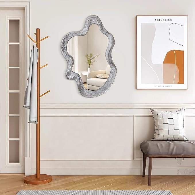 Irregular Wooden Framed Wall Mirror Modern Asymmetrical Mirror Rustic Black Cloud Hanging Mirror Artistic Wavy Mirror Decor Bathroom Vanity Bedroom Living Room Entryway Hallway Large 21.6"x15"