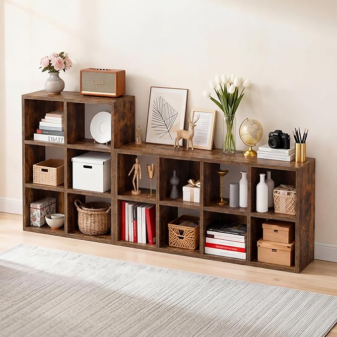 LUCKLIFE 8-Cube Storage Organizer, Stackable Modular Bookcase Shelf with Vertical or Horizontal Use, Fits 11×11" Bins, Optional Back Panels, for Living Room, Office, Vintage Brown